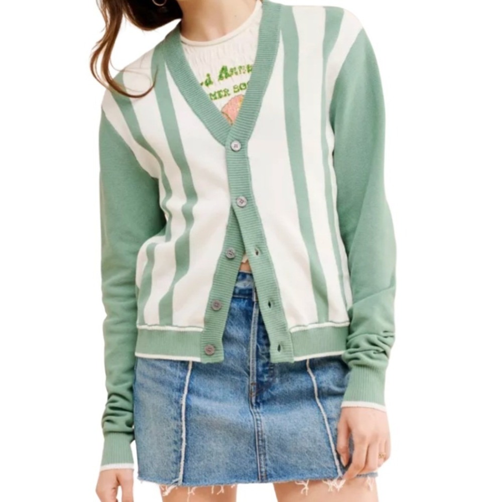 Urban Outfitters Womens‎ Sage Green White Striped V-Neck Cardigan Sweater Size S